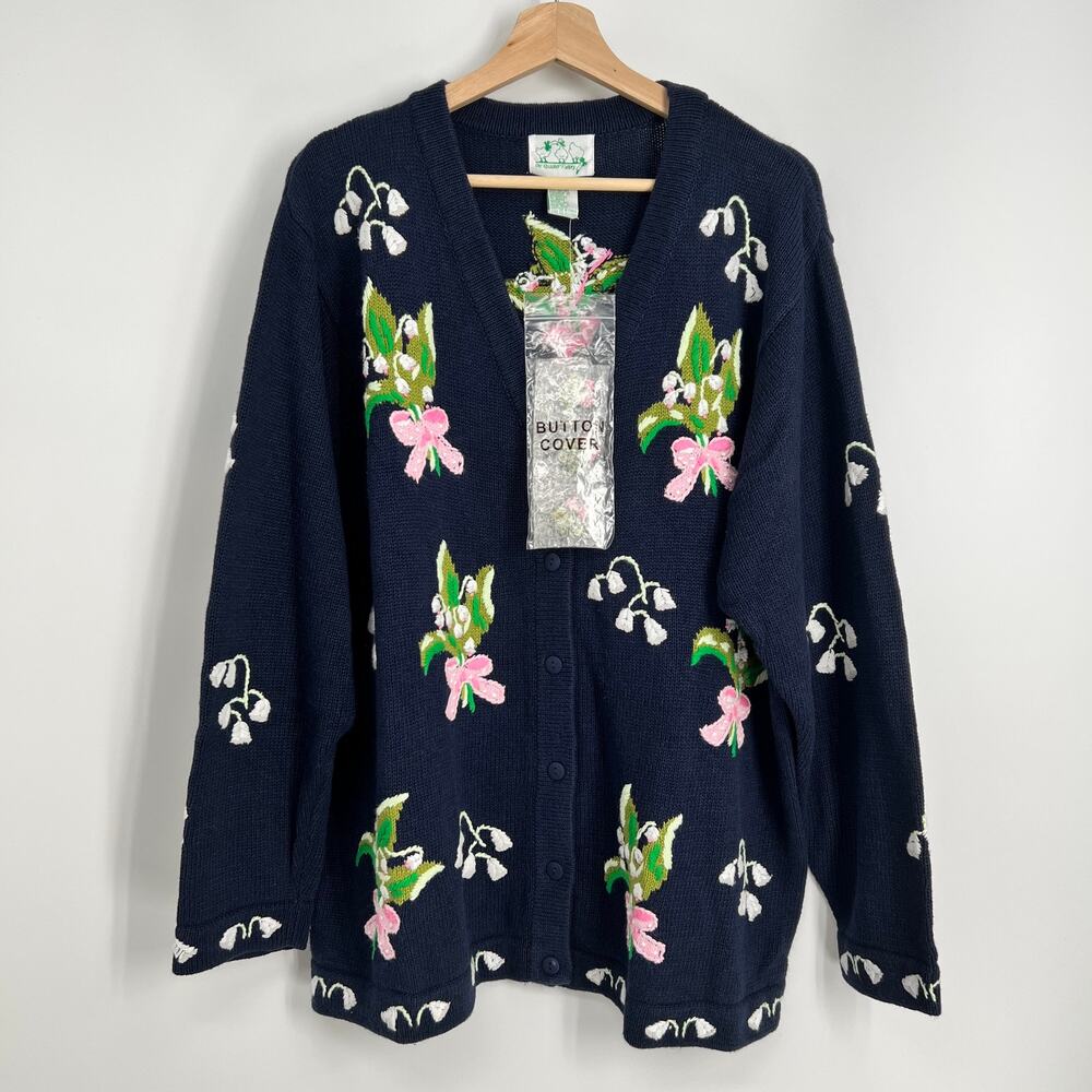 Vintage The Quacker Factory Lily of the Valley Cardigan Womens 1X NEW Navy Blue